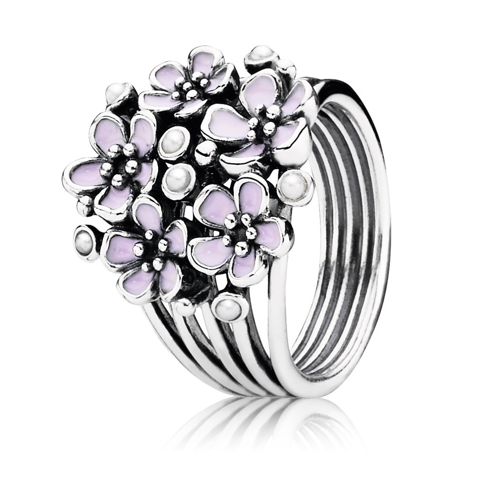 טבעת מכסף סטרלינג עם פרחים ורודים מאמייל